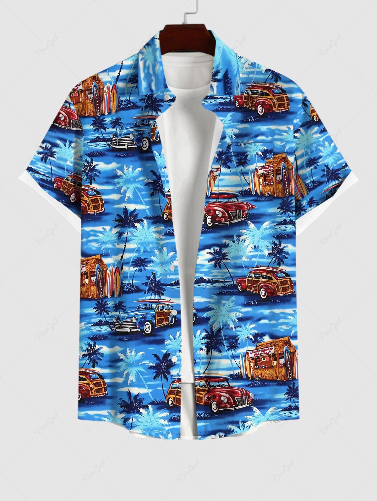 Chemise Imprimé Cocotier et Voiture à Boutons Grande Taille avec Poche pour Homme Bleu S