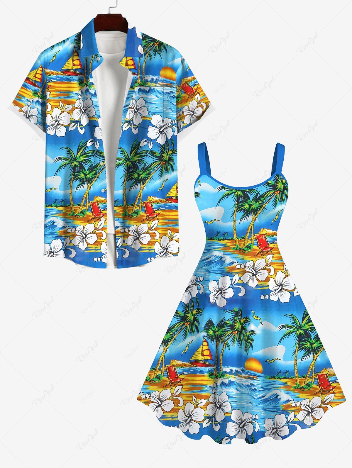 Fancy Coconut Tree Beach Floral Sea Wave Sailboat Print Dress and Button Pocket Shirt Plus Size Matching Hawaii Beach Outfit for Couples  