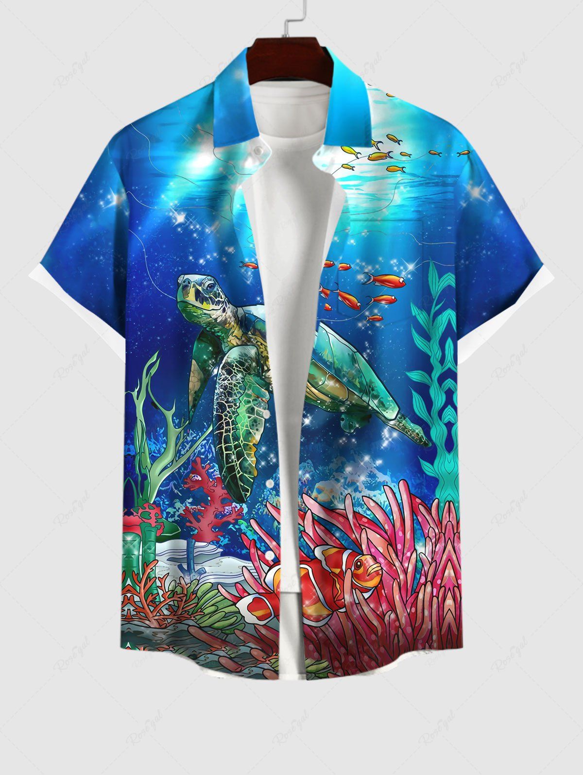 Chic Plus Size Turtle Fish Coral Underwater World Glitter Sunlight Print Button Pocket Hawaii Sea Creatures Creatures Shirt For Men  