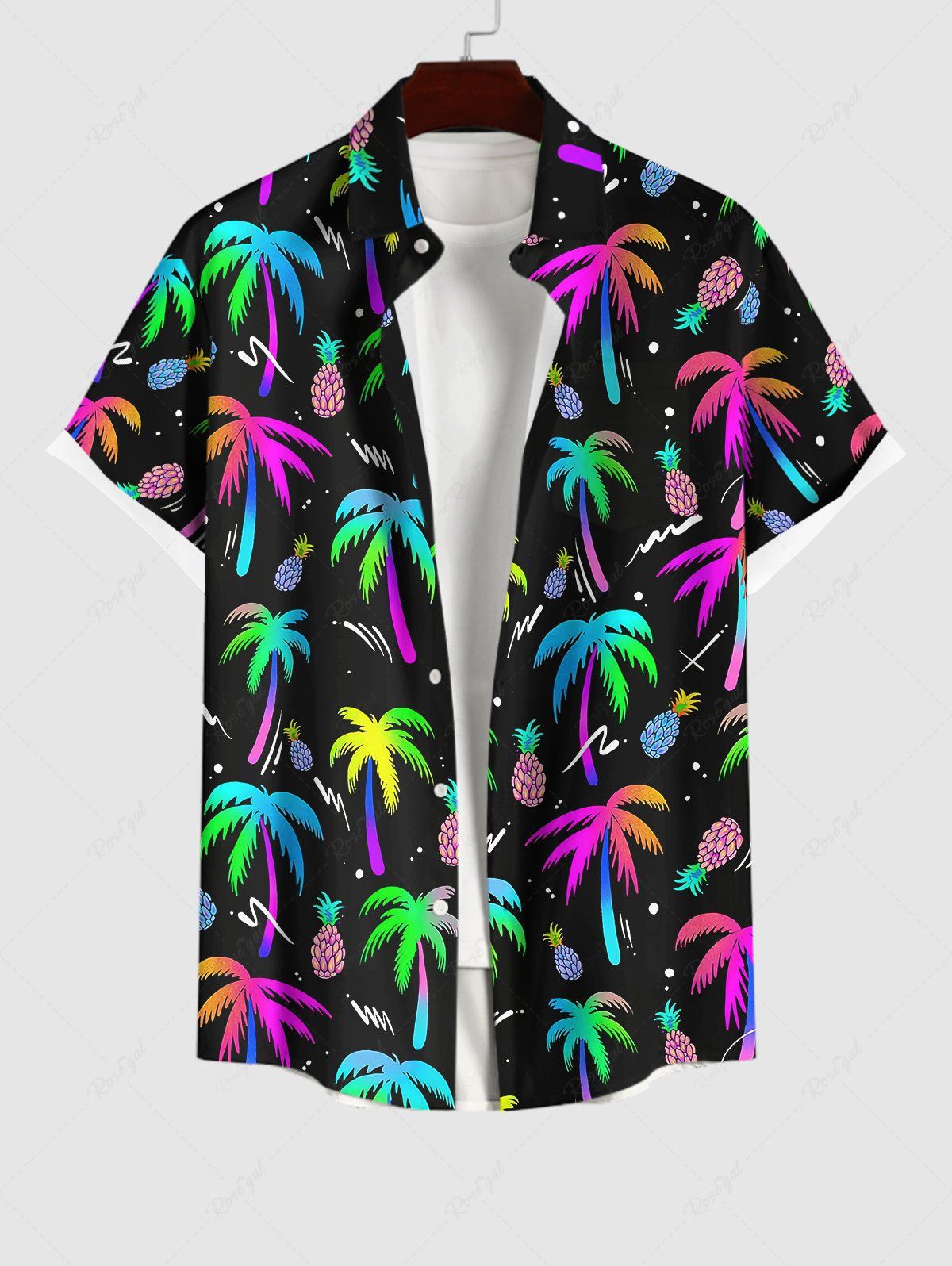 Chic Plus Size Colorful Coconut Tree Pineapple Print Button Pocket Hawaii Shirt For Men  