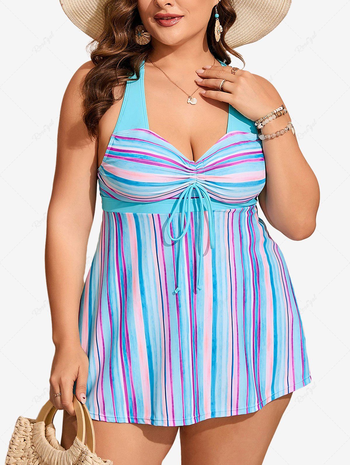 Outfit Plus Size Streak Dye Colorblock Print Cinched Crisscross Strapy Boyshort Tankini Swimsuit  