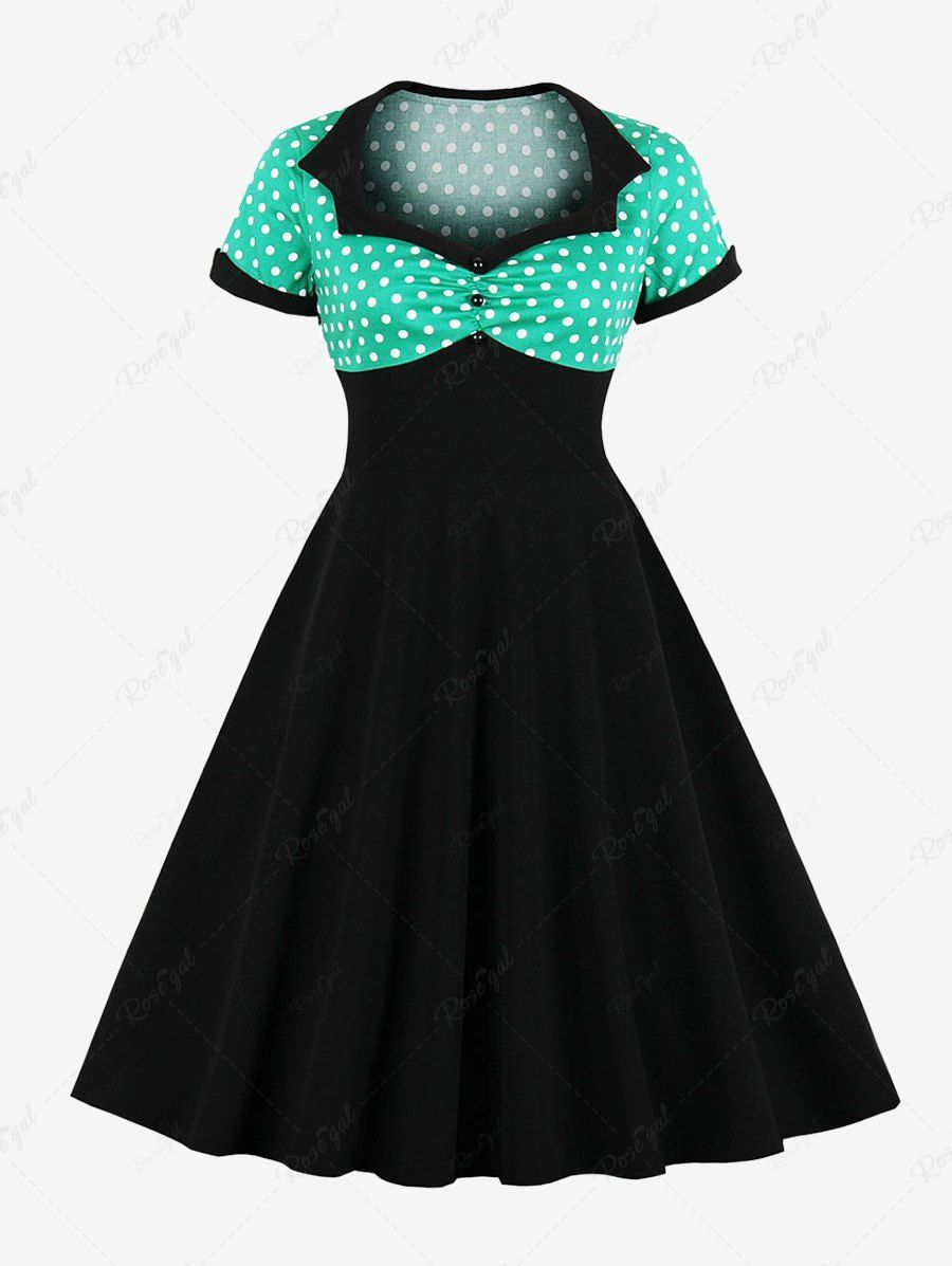 Online Plus Size Polka Dot Print Button Ruched Turn Down Collar Vintage Dress  