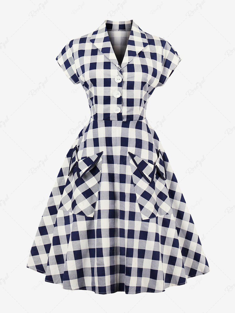 New Plus Size Plaid Print Buttons Bowknot Pockets Vintage Dress  