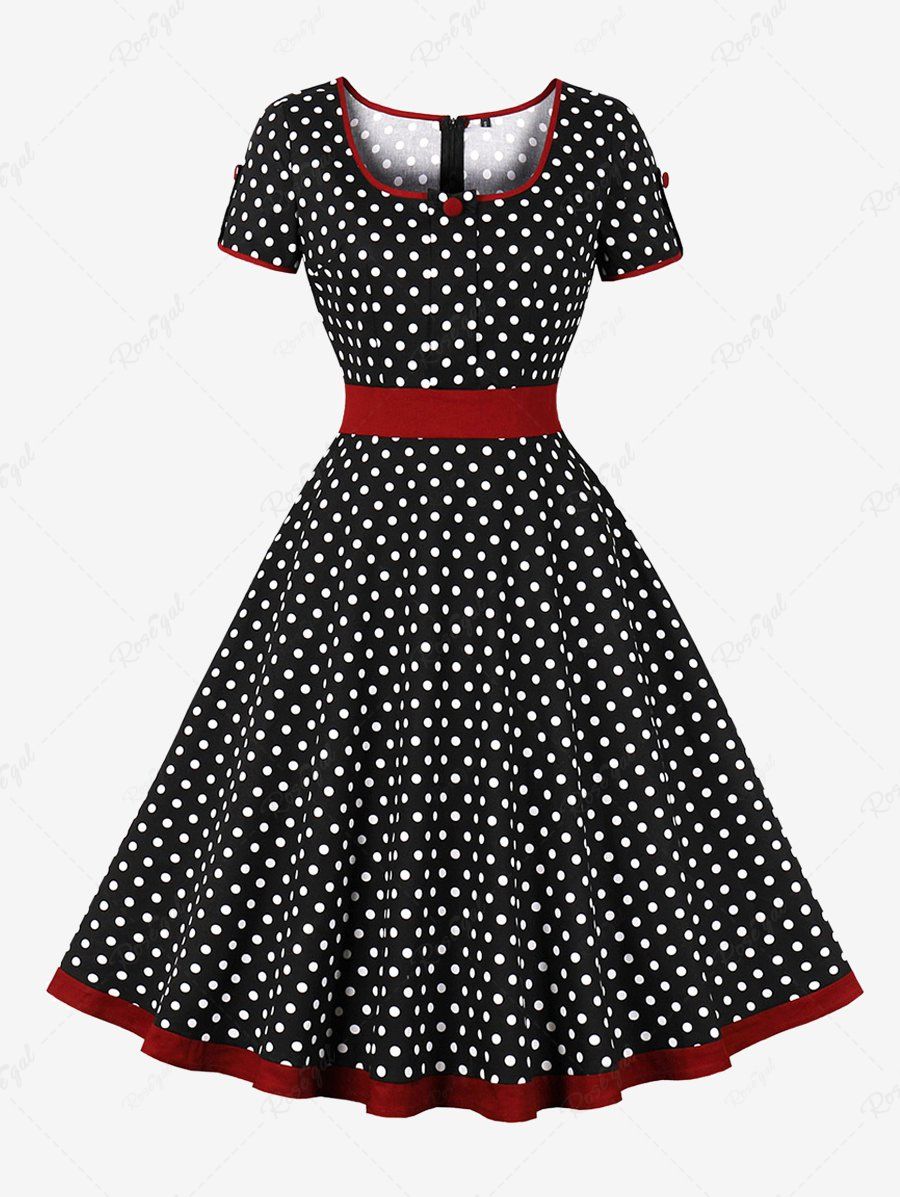 Fancy Plus Size Polka Dots Print Zipper 1950s Vintage Swing Dress  