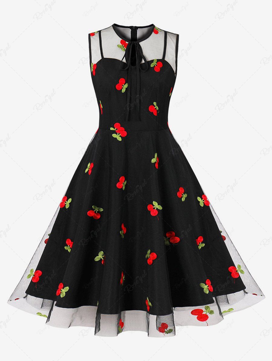 Sale Plus Size Cherry Embroidery Sheer Mesh Zipper Tie 1950s Vintage Dress  