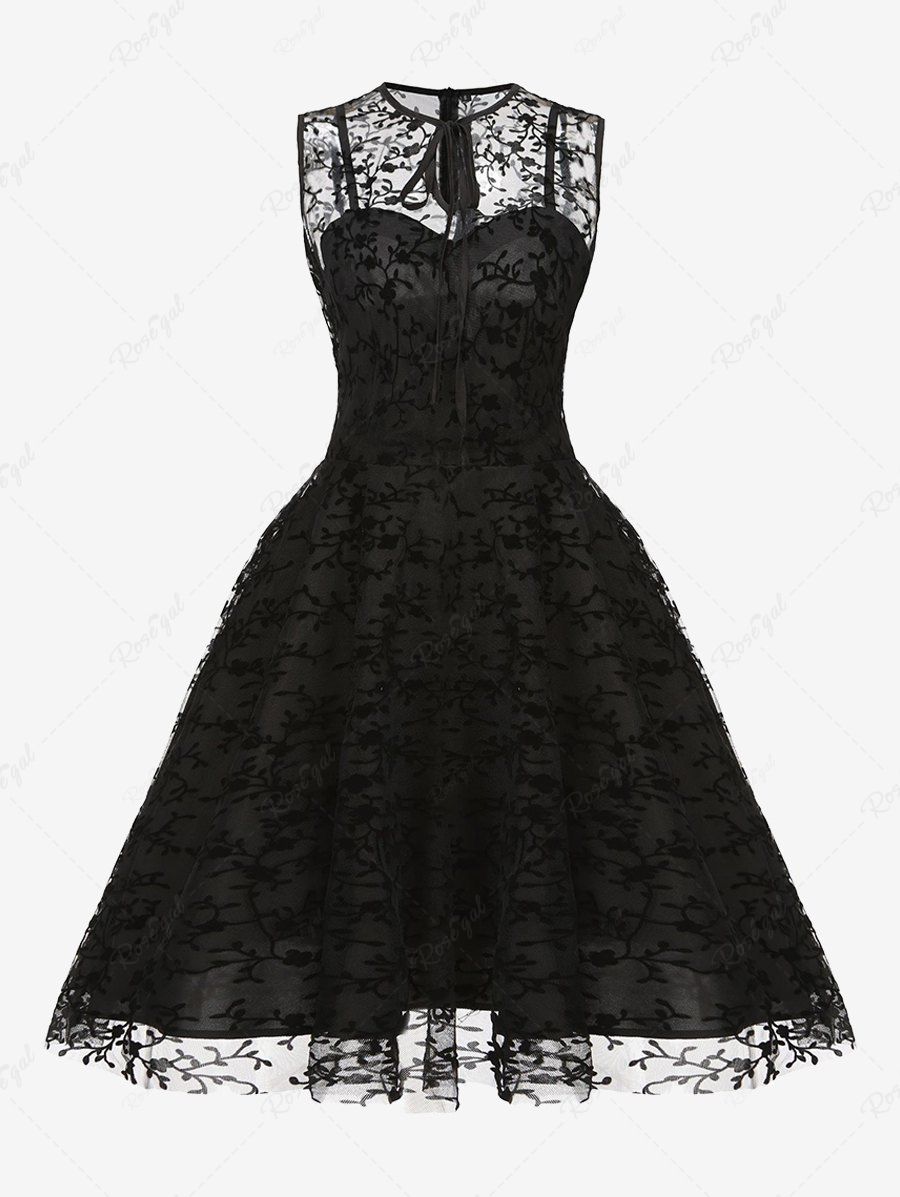 Cheap Plus Size Flower Flocking Sheer Mesh Tie Zipper 1950s Vintage Dress  