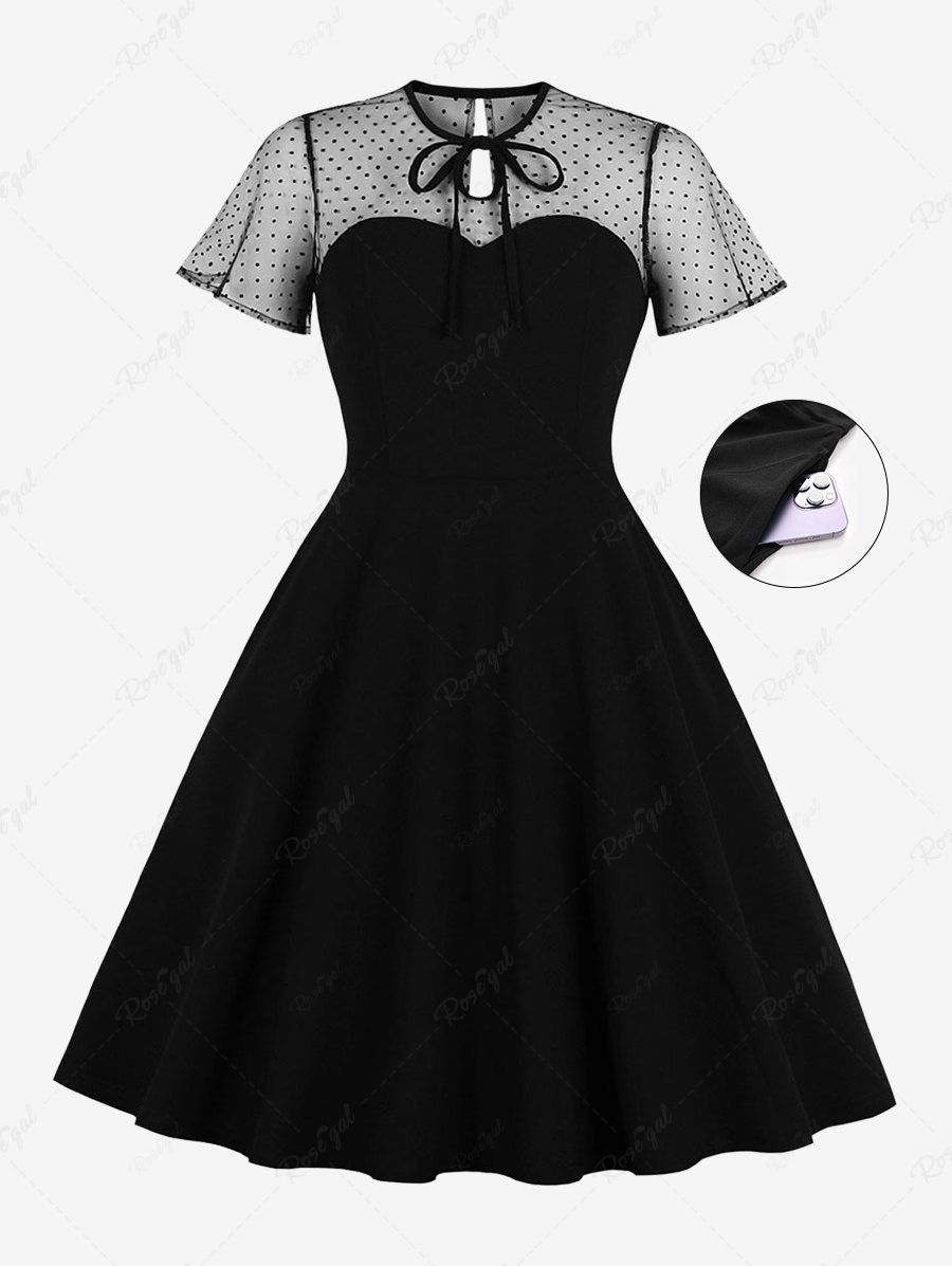 Best Plus Size Tie Polka Dot Mesh Patchwork 1950s Vintage Pocket Dress  