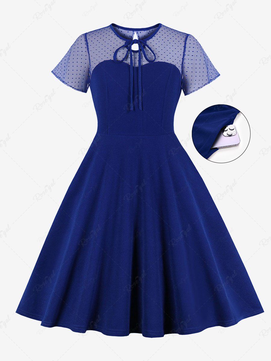Fashion Plus Size Tie Polka Dot Mesh Patchwork 1950s Vintage Pocket Dress  