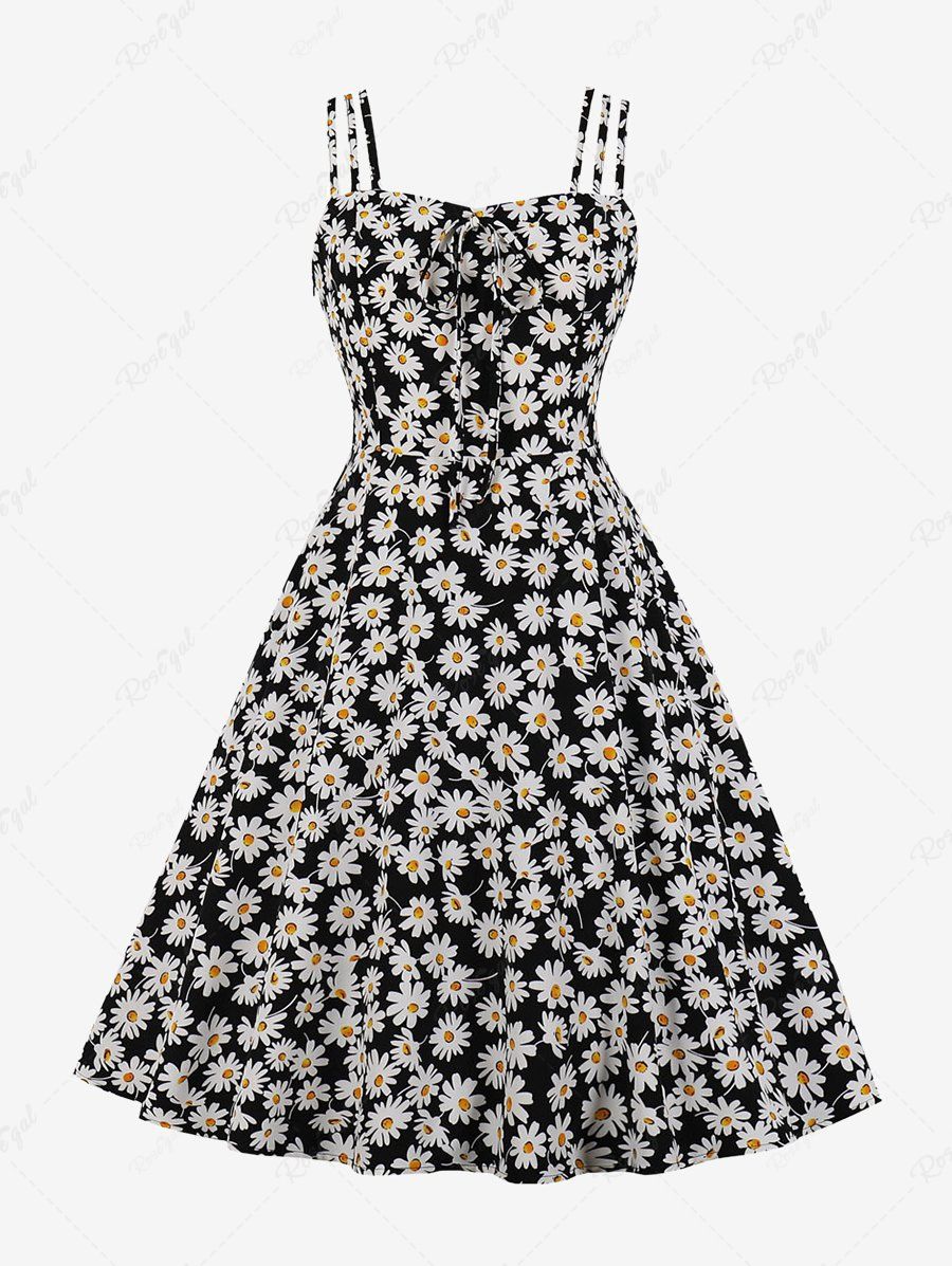 Hot 1950s Retro Plus Size Sunflower Print Tie Vintage Cottagecore Dress  