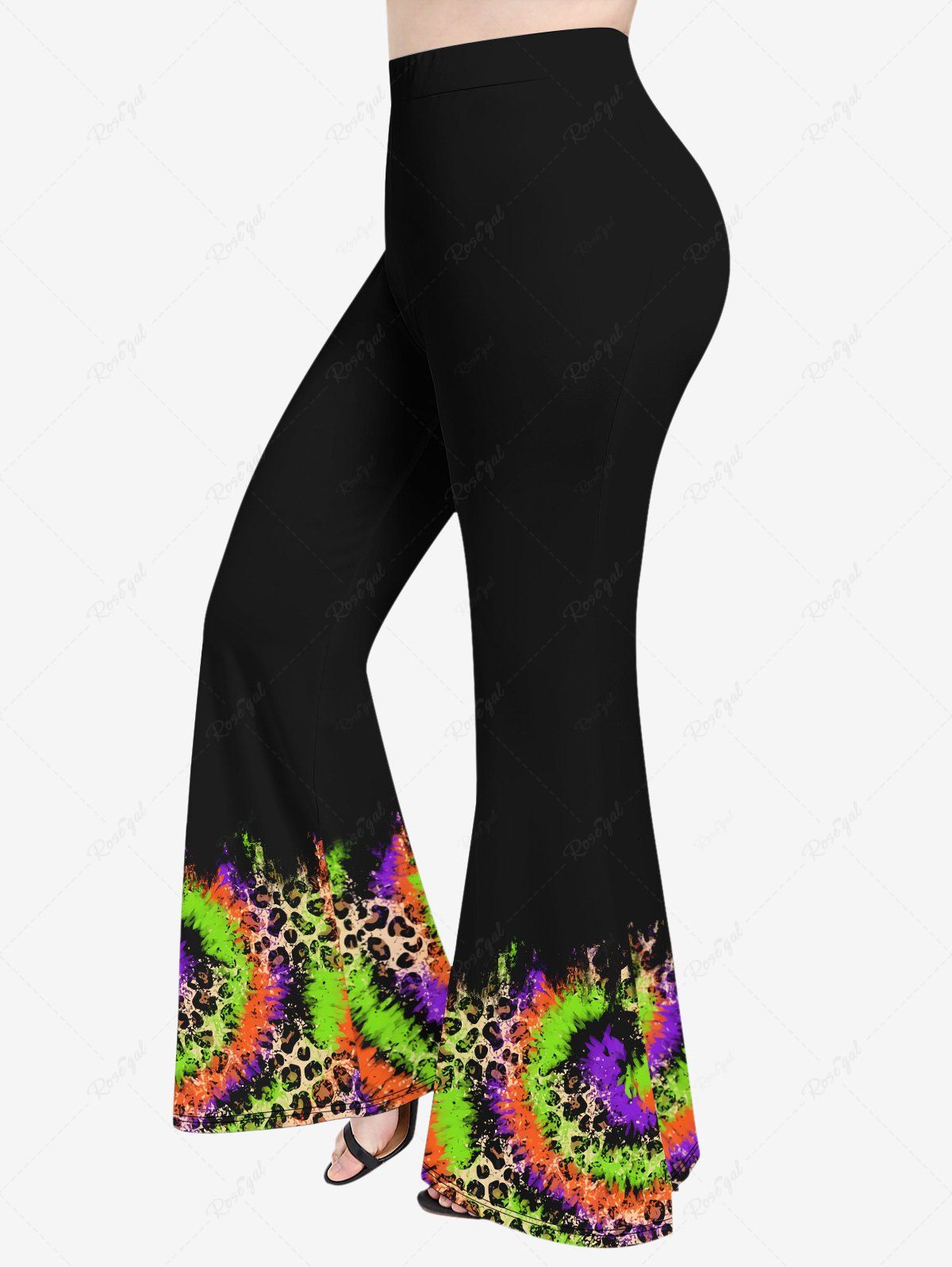 Pantalon Evasé Teinté Léopard Imprimé de Grande Taille Noir 4X