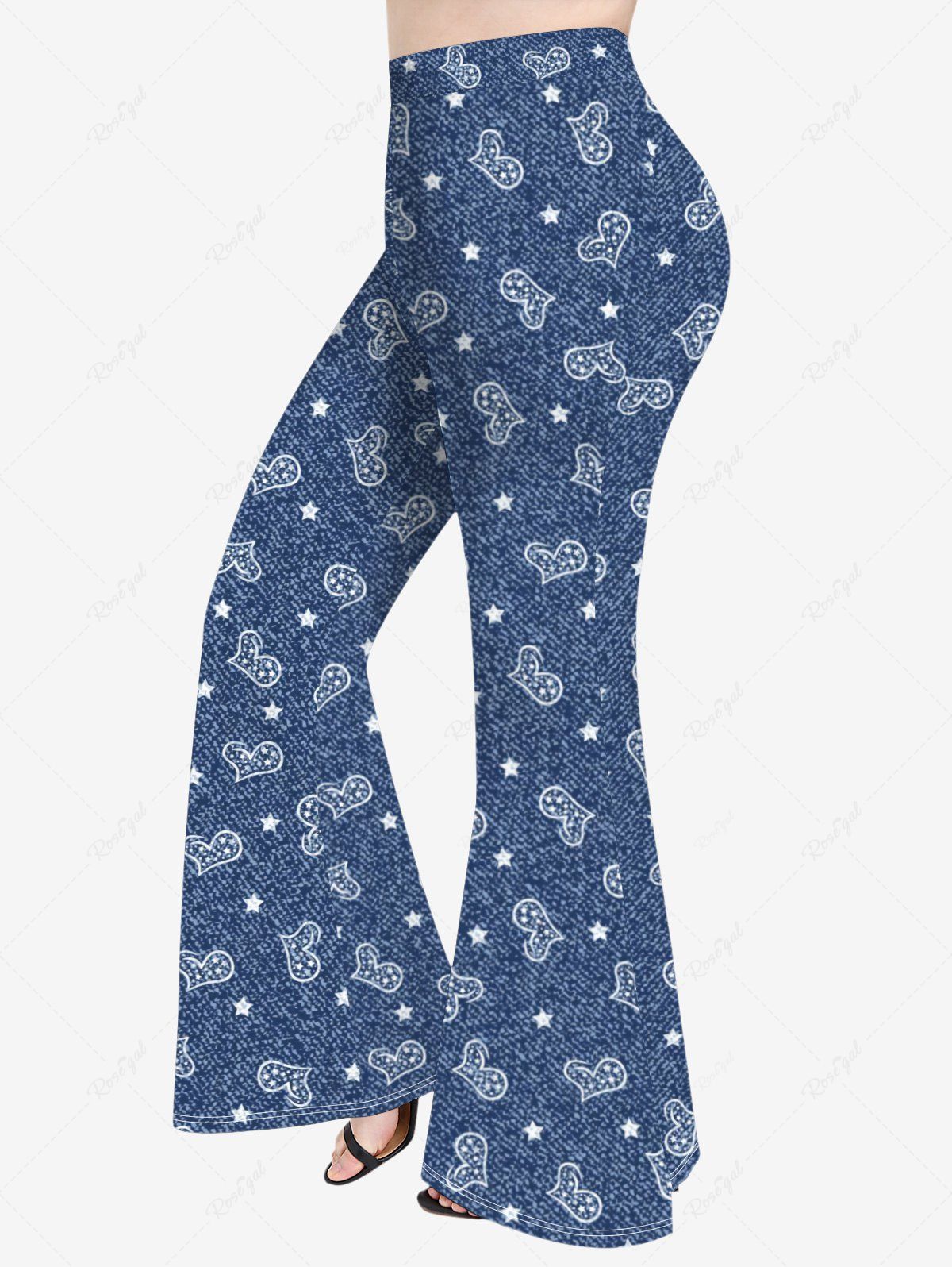 Pantalon Évasé en Jean à Imprimé Etoiles et Cœurs Grande-Taille Bleu-gris 2X