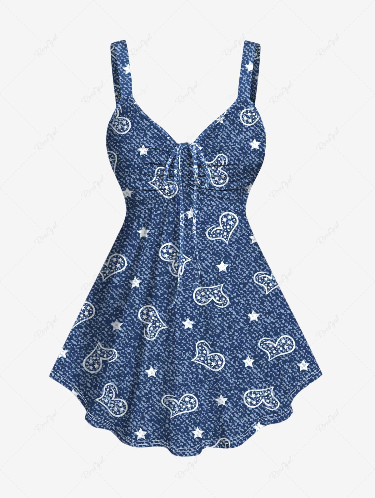 Affordable Plus Size Heart Stars Denim Print Cinched Tank Top  