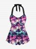 Halter Coconut Tree Ombre Print Cinched Boyleg Tankini Swimsuit and Button Pocket Shirt Plus Size Matching Hawaii Beach Outfit for Couples -  