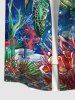 Plus Size Turtle Fish Coral Underwater World Glitter Sunlight Print Button Pocket Hawaii Sea Creatures Creatures Shirt For Men -  