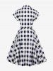 Plus Size Plaid Print Buttons Bowknot Pockets Vintage Dress -  