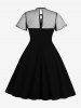 Plus Size Tie Polka Dot Mesh Patchwork 1950s Vintage Pocket Dress -  