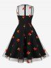 Plus Size Cherry Embroidery Sheer Mesh Zipper Tie 1950s Vintage Dress -  