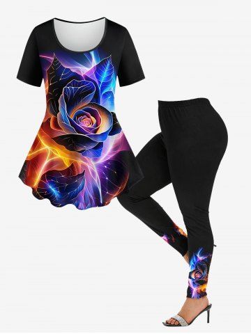 Rose Flower Lightning Glitter 3D Printed T-shirt and Leggings Plus Size Matching Set - BLACK