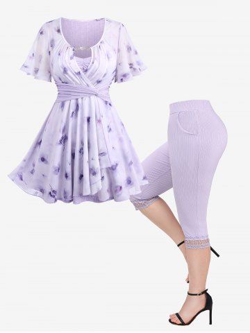 Floral Printed Ruched Ruffles Twist Surplice Tulip Hem Top and Hollow Out Lace Trim Pocket Leggings Plus Size Matching Set - LIGHT PURPLE