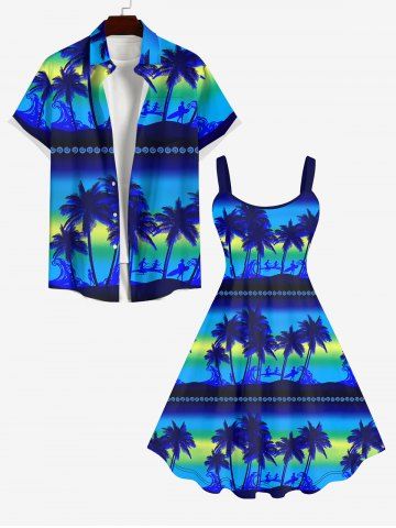 Coconut Tree Ombre Sea Waves Striped Print Dress and Button Pocket Shirt Plus Size Matching Hawaii Beach Outfit For Couples - BLUE