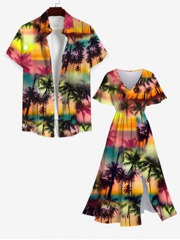 Ombre Galaxy Sun Coconut Tree Print Dress and Button Pocket Shirt Plus Size Matching Hawaii Beach Outfit For Couples - MULTI-A