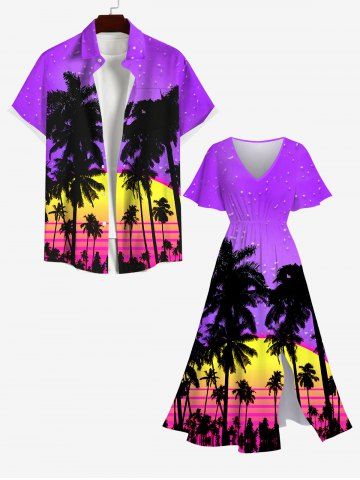 Ombre Dusk Galaxy Coconut Tree Print Dress and Button Pocket Shirt Plus Size Matching Hawaii Beach Outfit For Couples