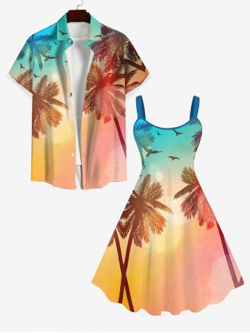 Ombre Dusk Coconut Tree Swallow Print Dress and Button Shirt Plus Size Matching Hawaii Beach Outfit For Couples