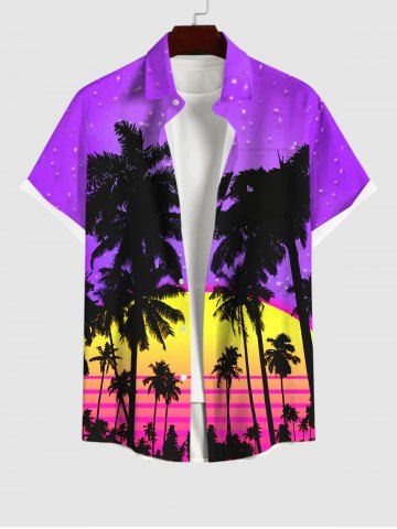 Plus Size Ombre Dusk Galaxy Coconut Tree Print Button Pocket Hawaii Shirt For Men - PURPLE - S