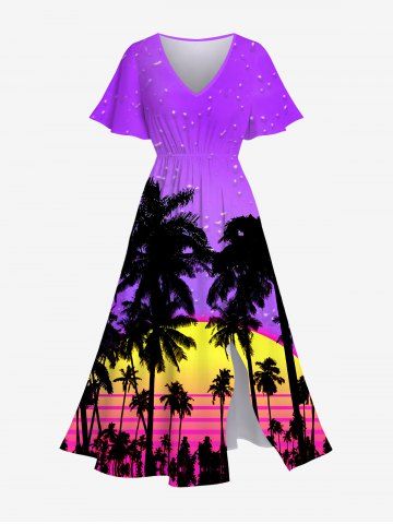 Plus Size Ombre Dusk Galaxy Coconut Tree Print Hawaii Split A Line Dress - PURPLE - XS