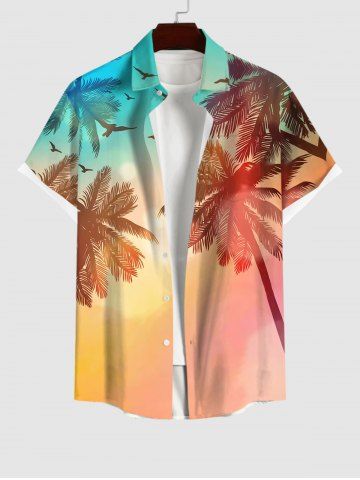 Plus Size Ombre Dusk Coconut Tree Swallow Print Button Pocket Hawaii Shirt For Men