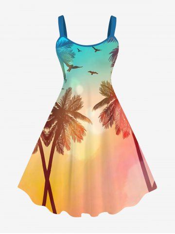 Plus Size Ombre Dusk Coconut Tree Swallow Print Backless Hawaii A Line Tank Dress - ORANGE - XS