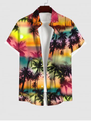 Plus Size Ombre Galaxy Sun Coconut Tree Print Button Pocket Hawaii Shirt For Men