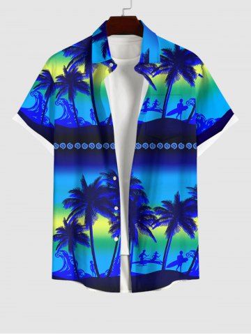 Plus Size Coconut Tree Ombre Sea Waves Print Hawaii Button Pocket Shirt For Men - BLUE - M