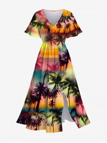 Plus Size Ombre Galaxy Sun Coconut Tree Print Hawaii Split A Line Dress - MULTI-A - S
