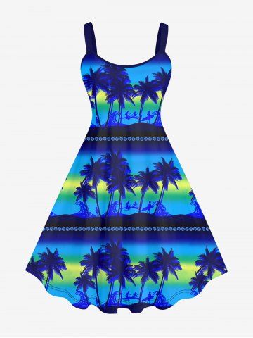 Plus Size Coconut Tree Ombre Sea Waves Striped Print Backless Hawaii A Line Tank Dress - BLUE - M