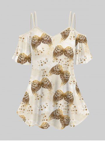 Plus Size Cold Shoulder Angel Wings Stars Print Cami T-shirt - CRYSTAL CREAM - XS