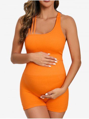 Plus Size Crisscross Strappy Solid Ribbed Textured Top and Bottom Maternity Set - ORANGE - S