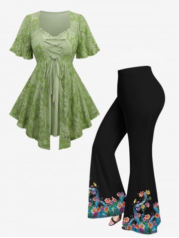 Floral Lace Overlay Lace-up Ruffles Layered Asymmetric Top and Daisy Flower Water Print Flare Pants Plus Size Matching Set