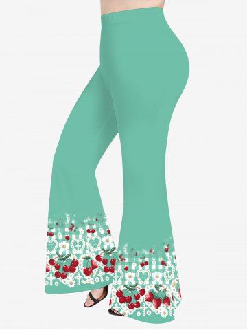 Plus Size Cherry Strawberry Daisy Heart Cross Plaid Print Flare Pants - GREEN - XS