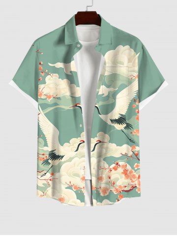Men's Crane Peach Blossom Cloud Print Button Pocket Shirt - LIGHT GREEN - 3XL
