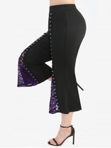 Plus Size Flower Hollow Out Lace Patchwork Pockets Buckles Flare Pants - BLACK - M | US 10