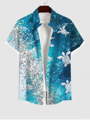 Plus Size Turtle Sandstone Ombre Sea Waves Print Button Pocket Hawaii Sea Creatures Shirt For Men - LIGHT BLUE - S