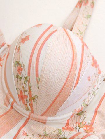 Plus Size Flowers Leaf Stripe Colorblock Print Cinched Boyleg Tankini Swimsuit