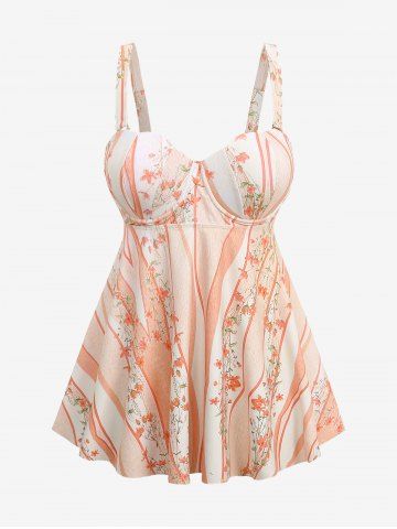 Plus Size Flowers Leaf Stripe Colorblock Print Cinched Boyleg Tankini Swimsuit