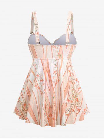 Plus Size Flowers Leaf Stripe Colorblock Print Cinched Boyleg Tankini Swimsuit