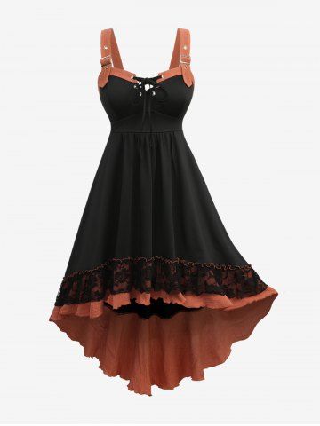 Plus Size Floral Lace Panel Lace-up Buckle Backless Asymmetric High Low Vintage A Line Dress - BLACK - L | US 12