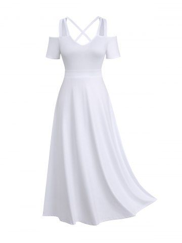 Plus Size Cold Shoulder Solid Crisscross Strappy A Line Dress - WHITE - 1X