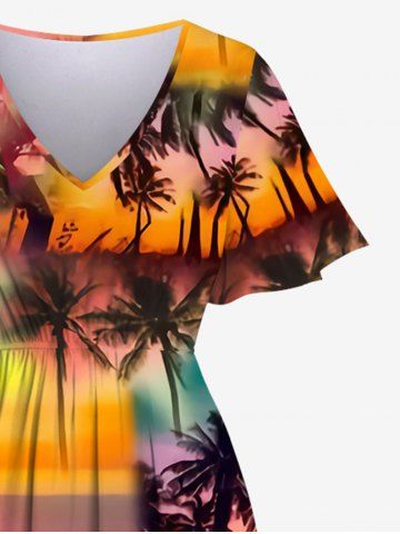 Plus Size Ombre Galaxy Sun Coconut Tree Print Hawaii Split A Line Dress