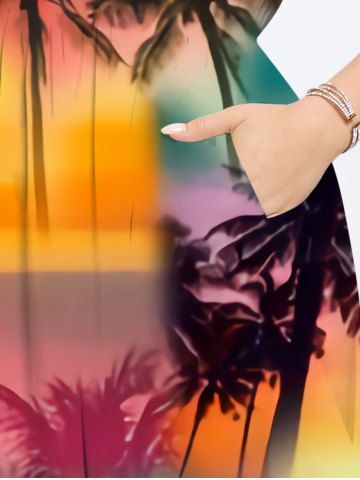 Plus Size Ombre Galaxy Sun Coconut Tree Print Hawaii Split A Line Dress