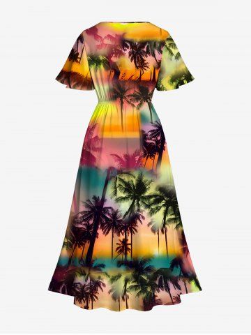 Plus Size Ombre Galaxy Sun Coconut Tree Print Hawaii Split A Line Dress